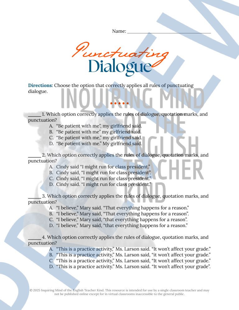 Grammar Review Practice Worksheet on Quotations and Punctuation Marks ...