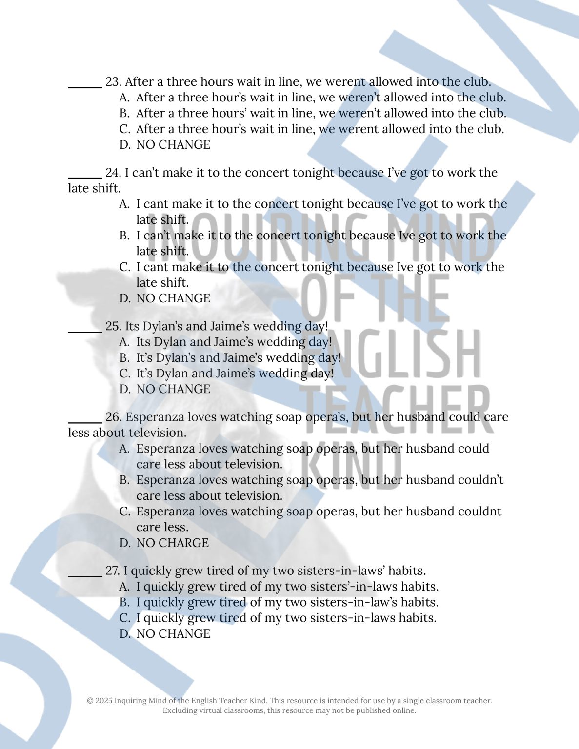 High School Grammar Review Practice Worksheet on Apostrophe Usage with ...