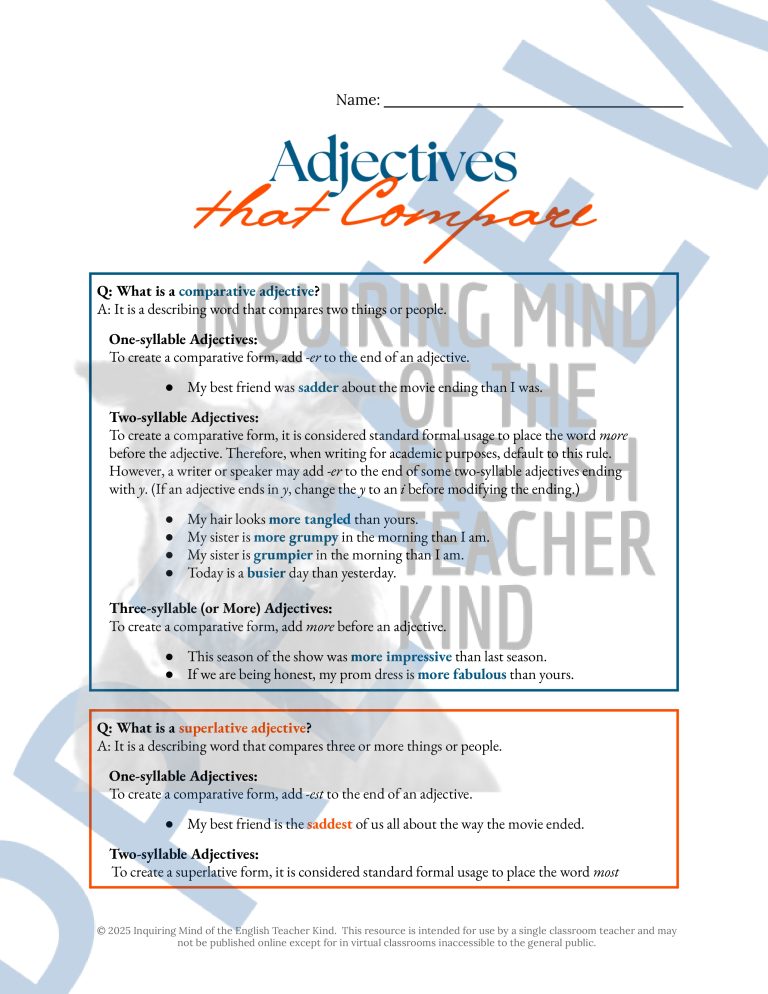 High School Grammar Packet on Comparative Adjectives and Superlative ...