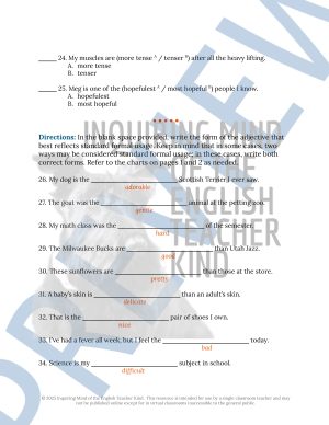 High School Grammar Packet on Comparative Adjectives and Superlative ...