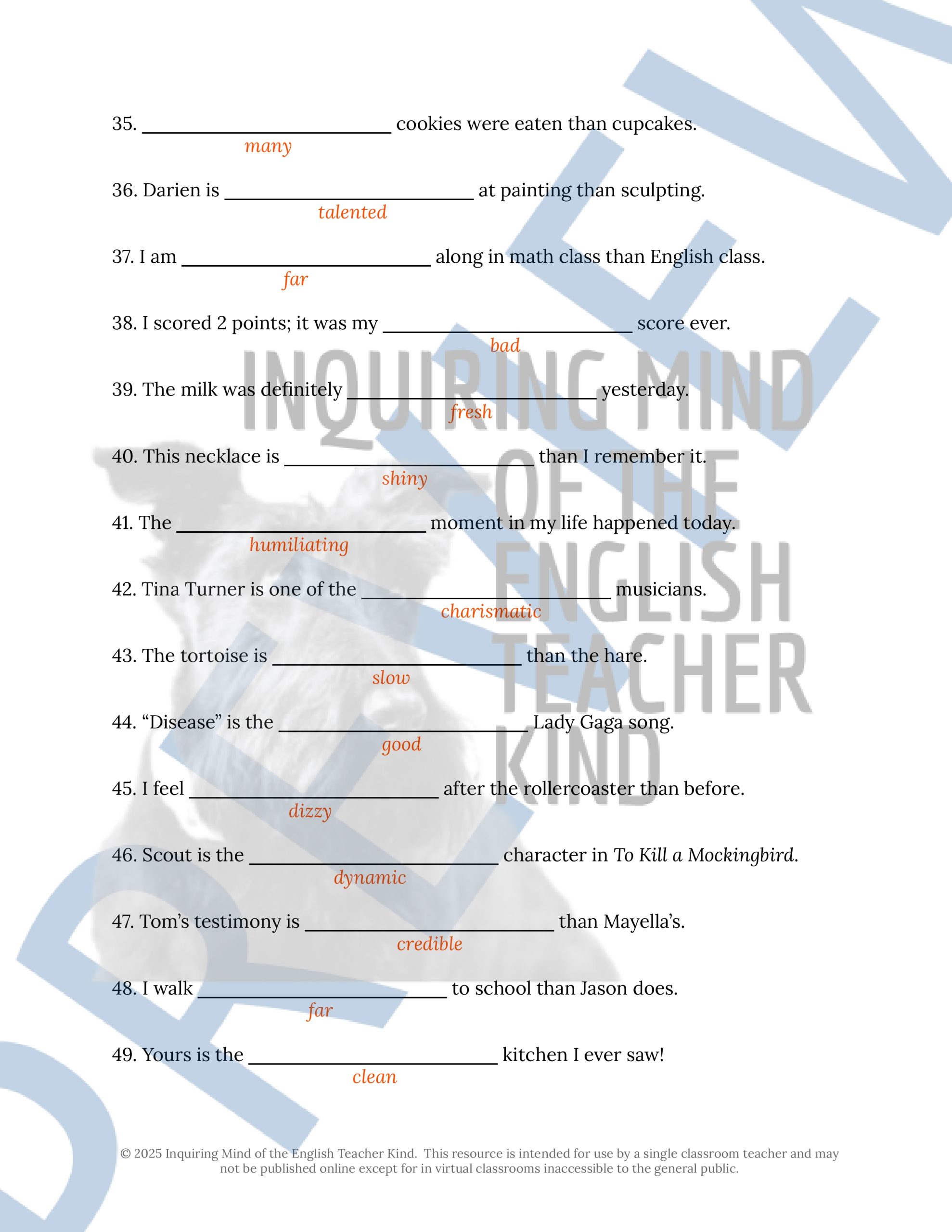 High School Grammar Packet on Comparative Adjectives and Superlative ...