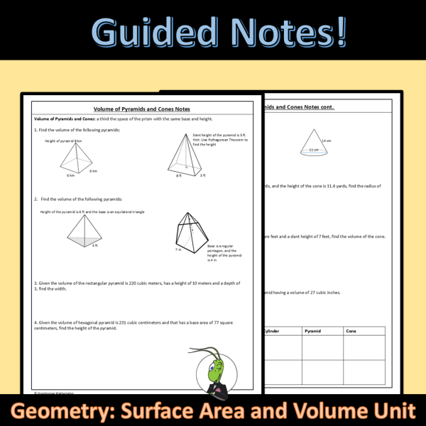 Volume of Pyramids and Cones Geo Guided Notes Surface Area and Volume ...