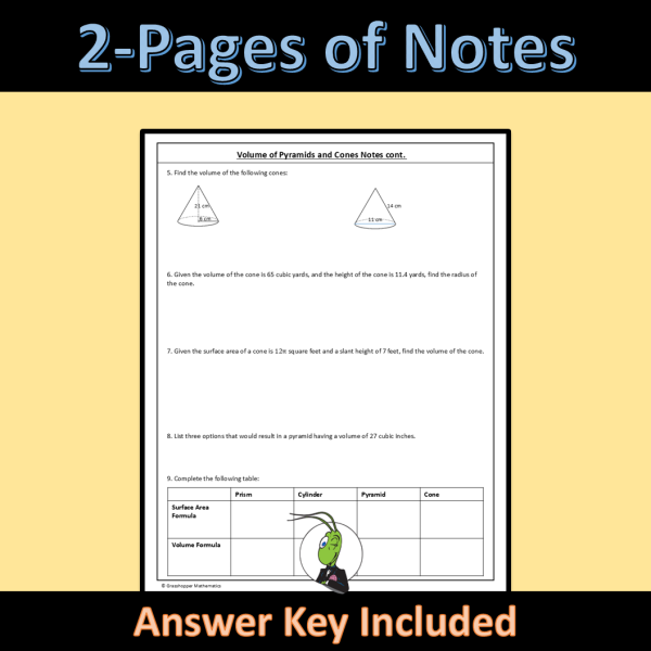 Volume of Pyramids and Cones Geo Guided Notes Surface Area and Volume ...