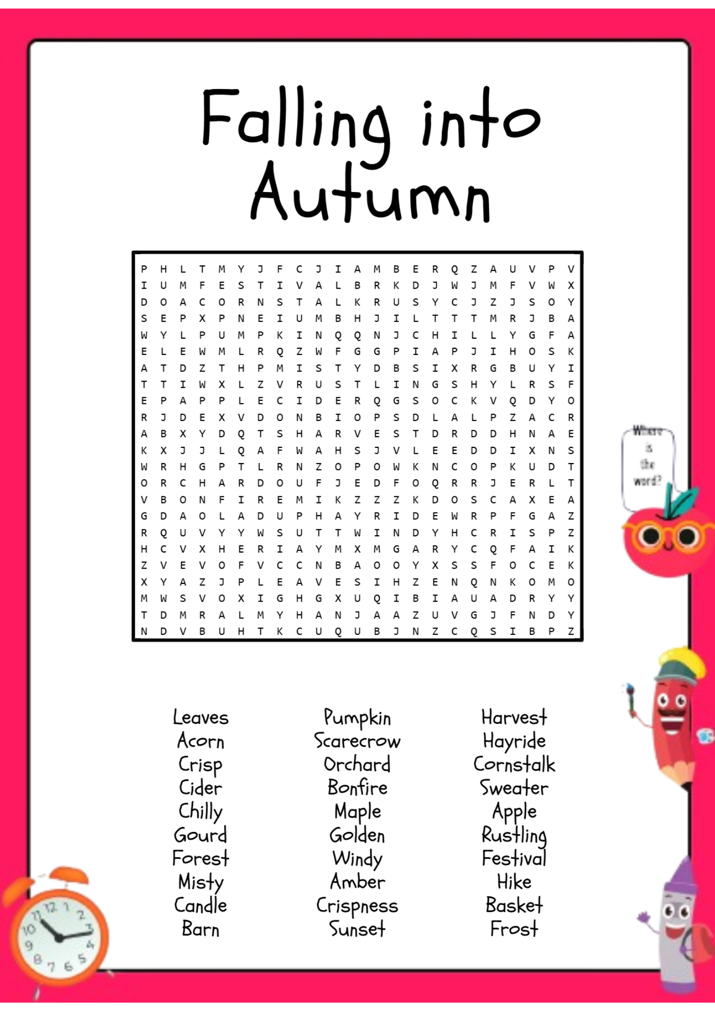 Falling into Autumn Word Search Puzzle Activity Worksheet