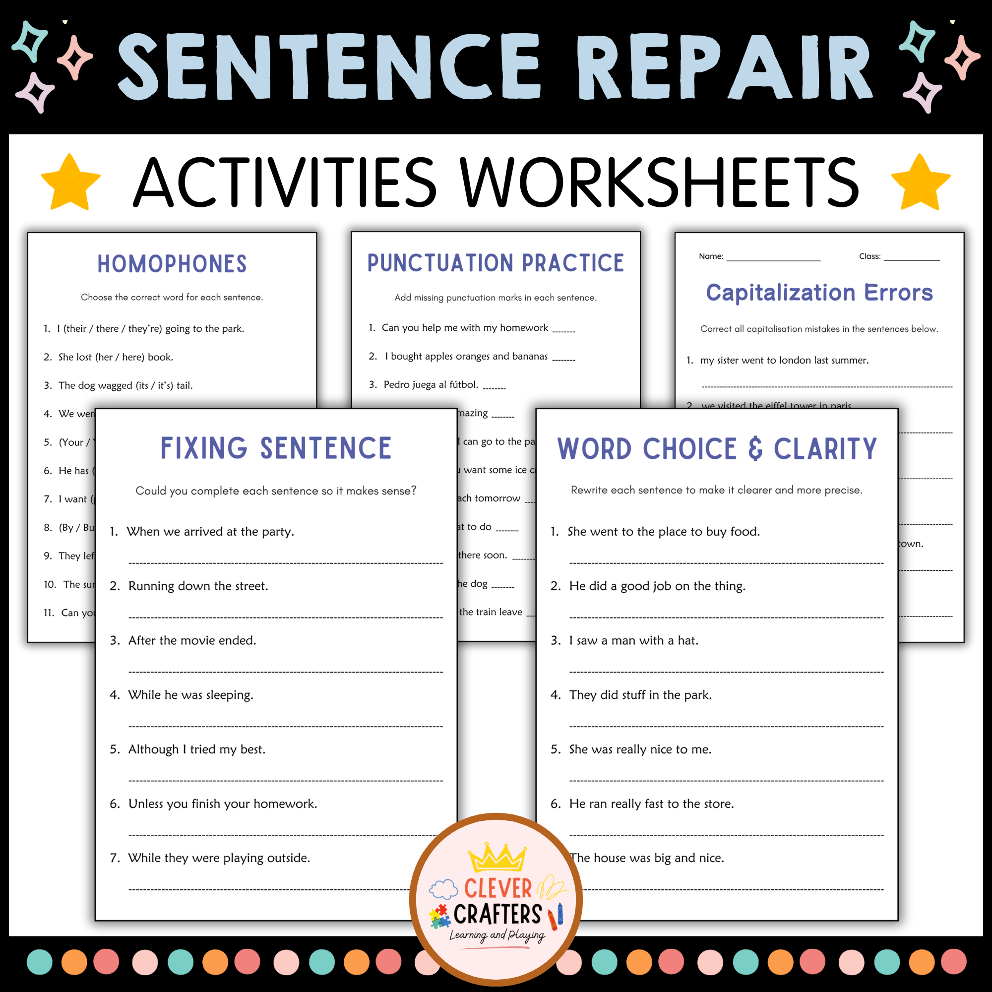 Sentence Repair Worksheets - Editing Capitals, Spelling and Punctuation, Tense