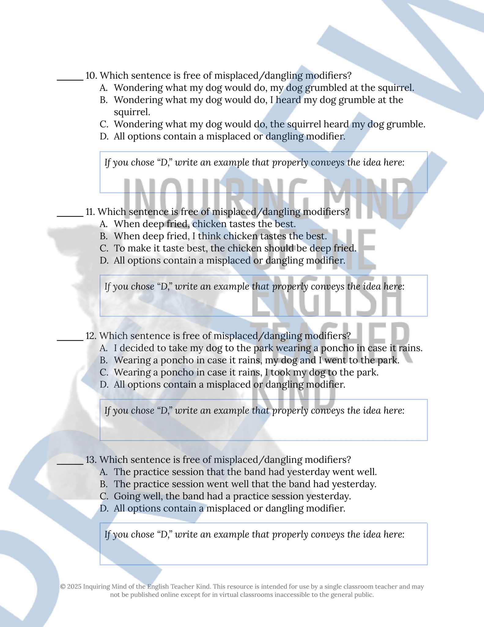 High School Grammar Practice Worksheet on Misplaced and Dangling ...