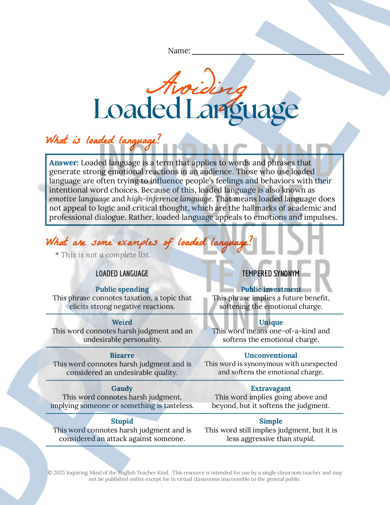 Grammar Review Worksheet on Loaded, Manipulative, and Emotive Language ...