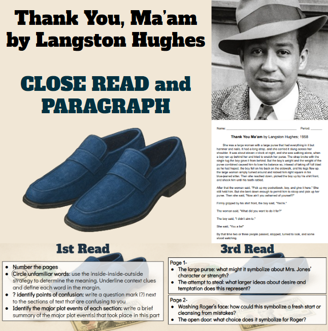 "Thank You, Ma'am" by Langston Hughes Close Read and Paragraph Writing Lesson