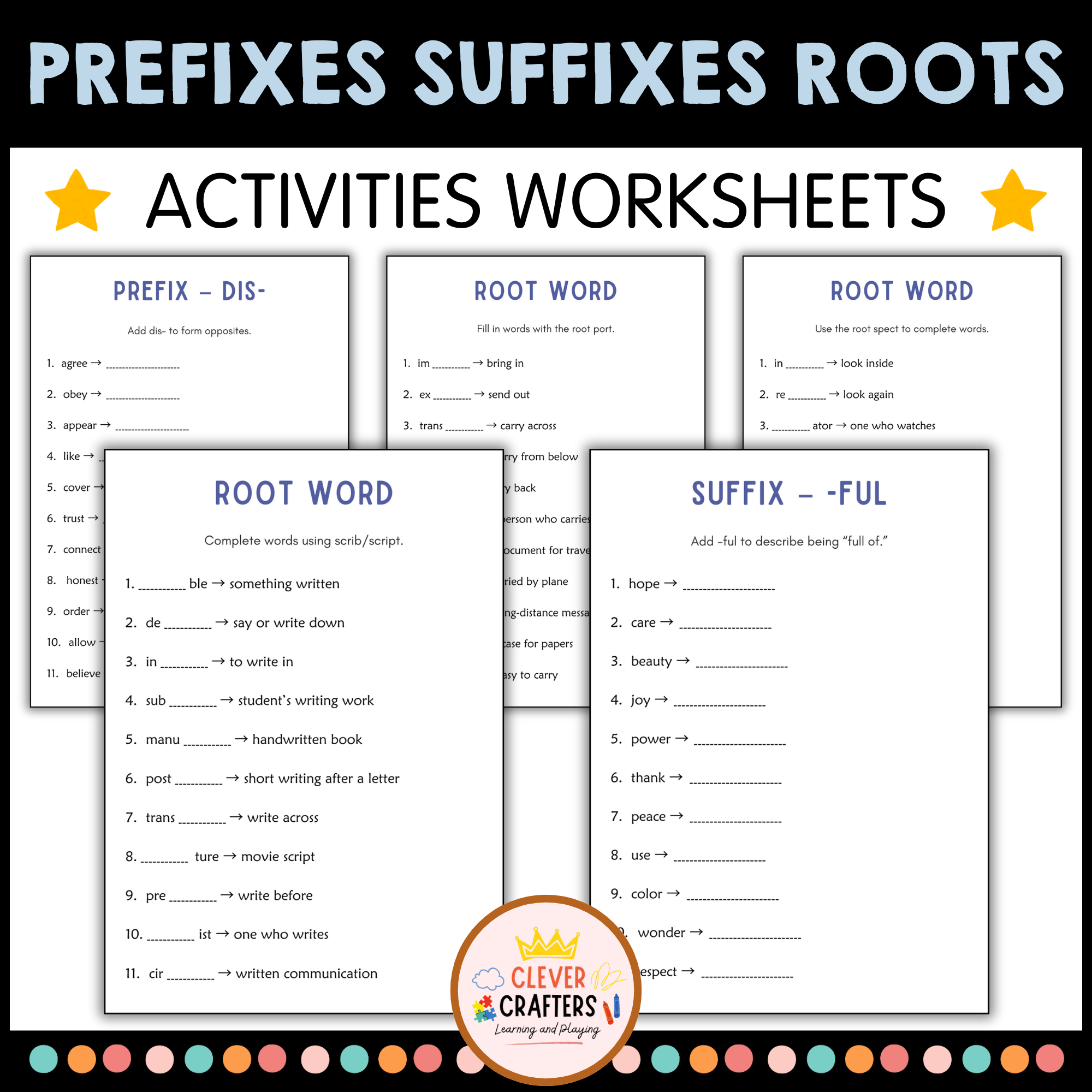 Prefixes, Suffixes, and Root Words Worksheets for Elementary ELA Grammar