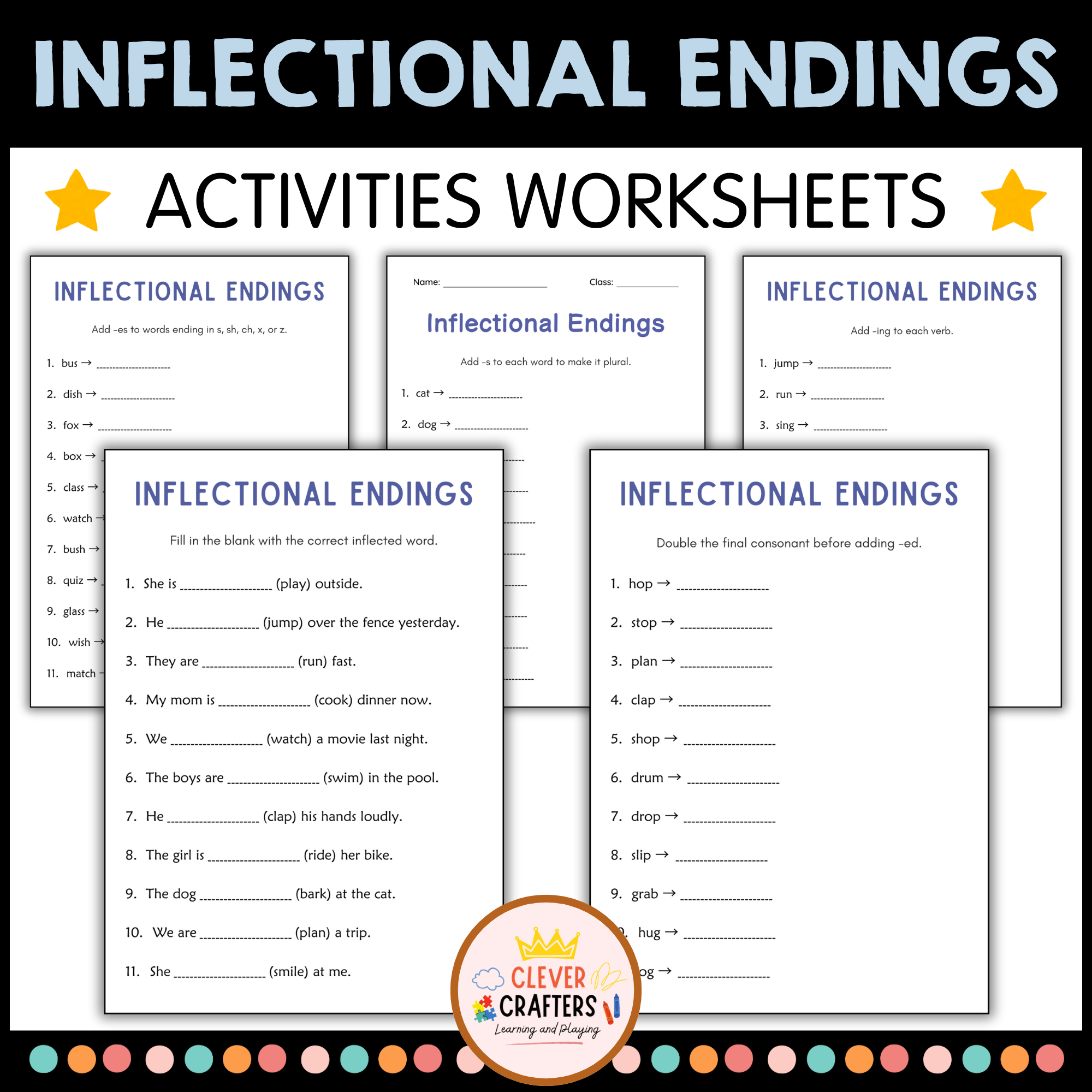 Inflectional Endings Grammar Worksheets and Activities - ing, -ed, -s, -er, -est