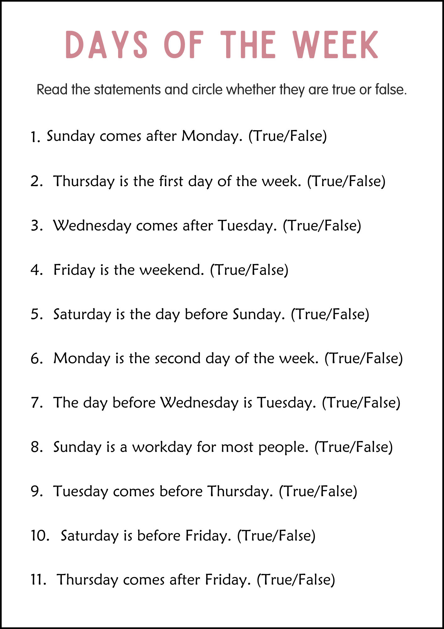 7 Days of The Week Printable Worksheets Calendar Math for grade 2, 3, 4