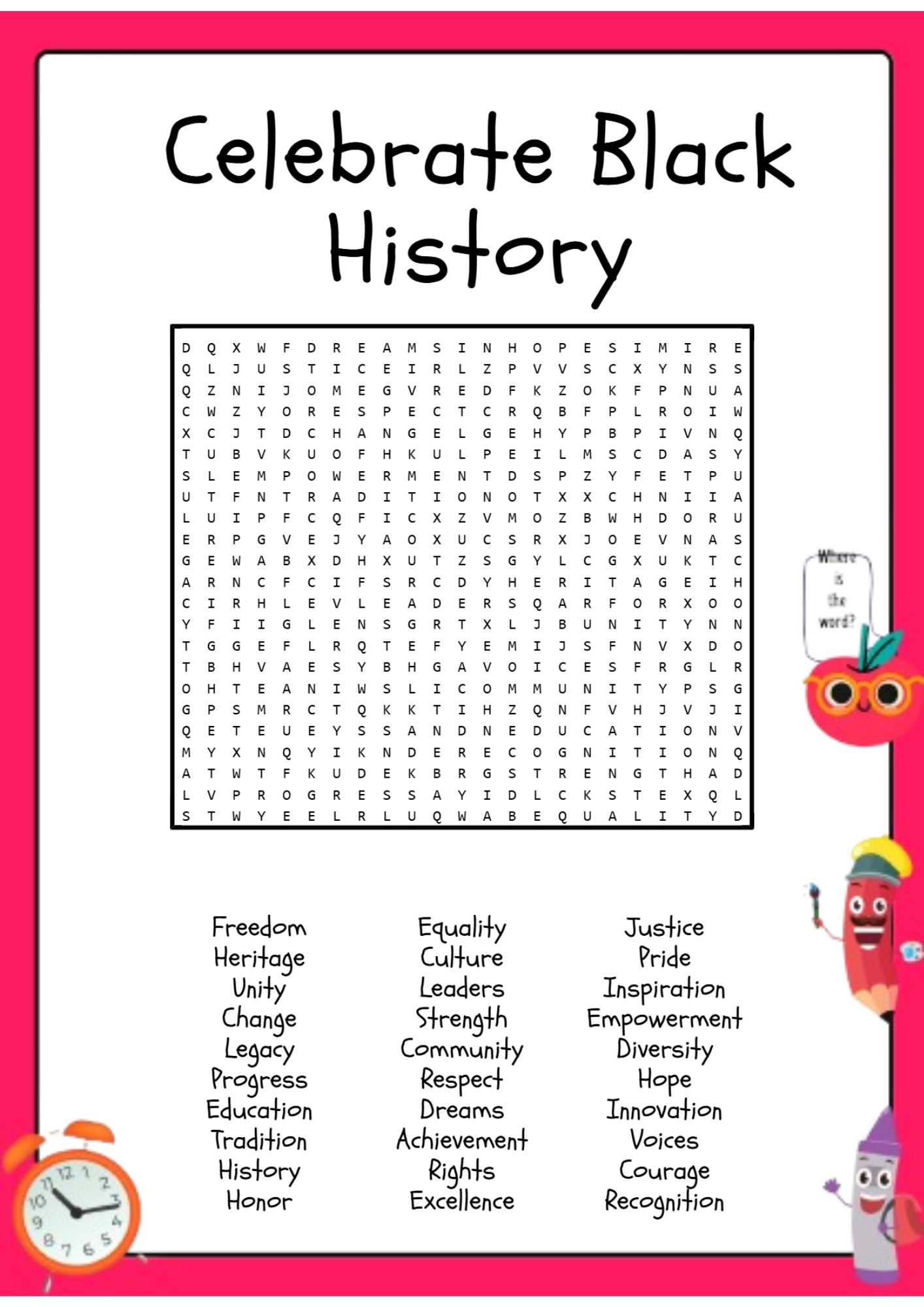 Celebrate Black History Word Search Activity Puzzle Worksheet