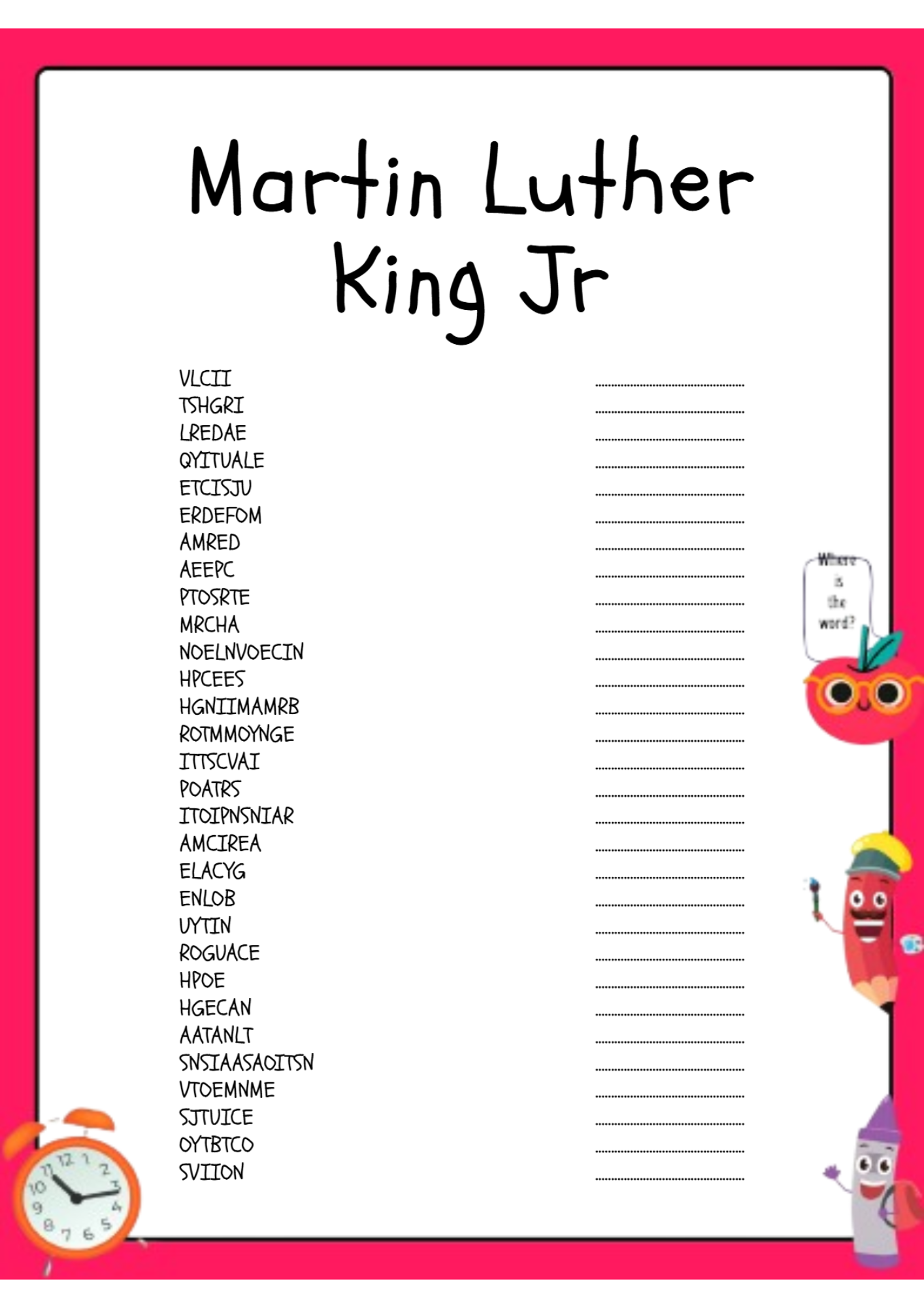 Martin Luther King Jr. Word Scramble Activity Worksheet