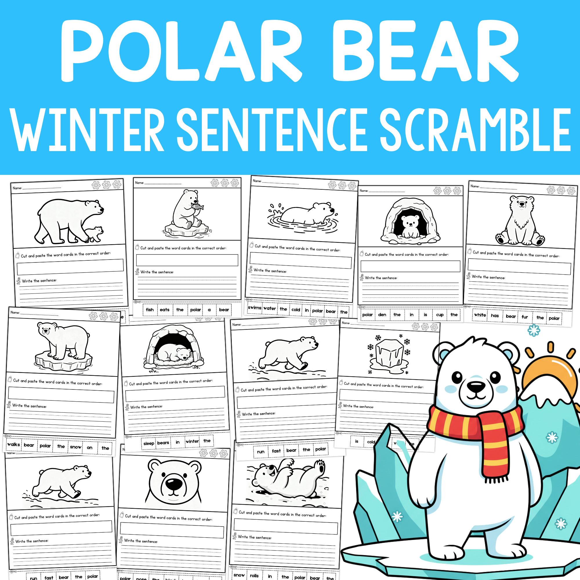 Polar Bear Winter Sentence Scramble with Cut and Paste Worksheets