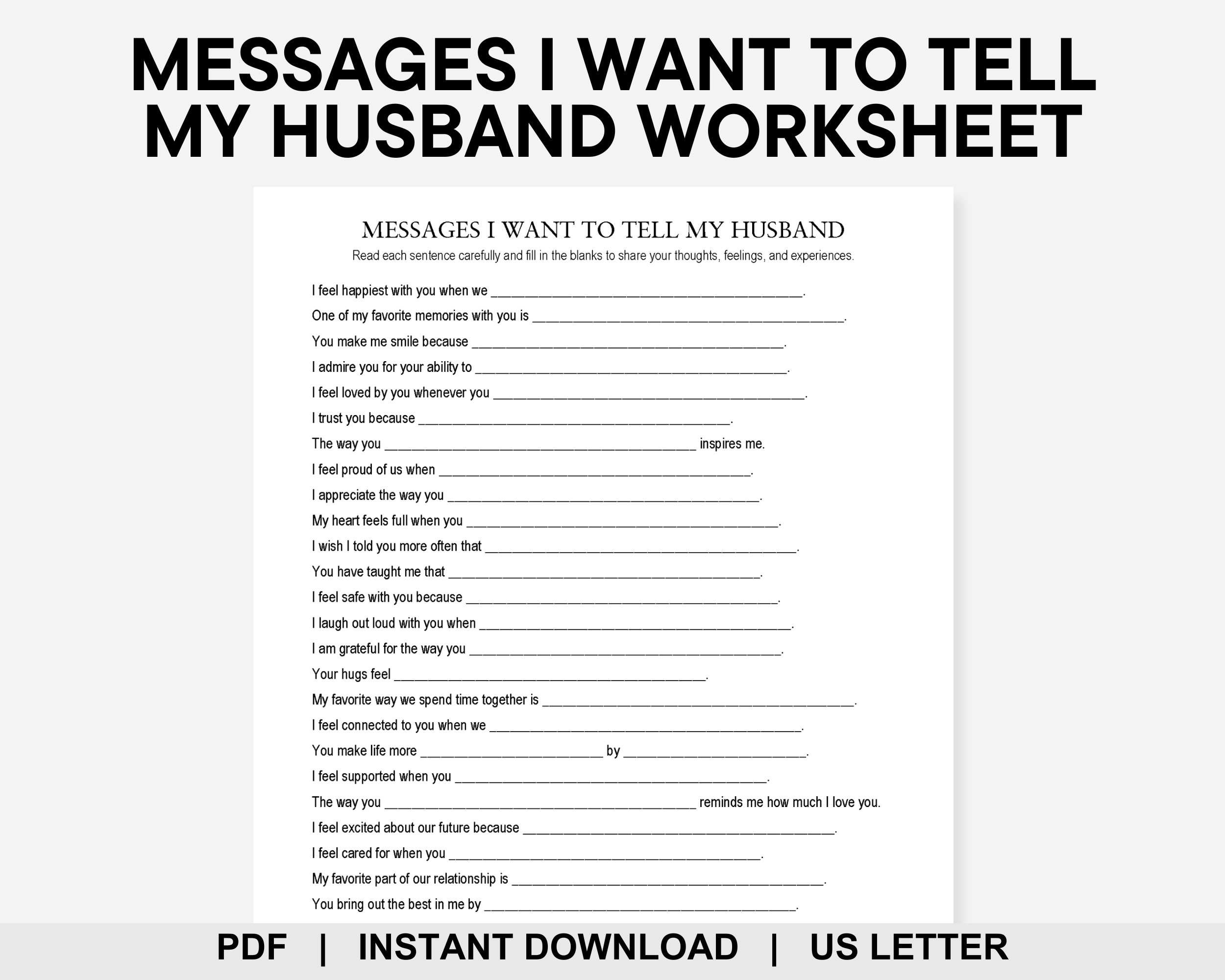 Messages I Want to Tell My Husband Worksheet, Couples Questions, Couples Games, Date Night Games