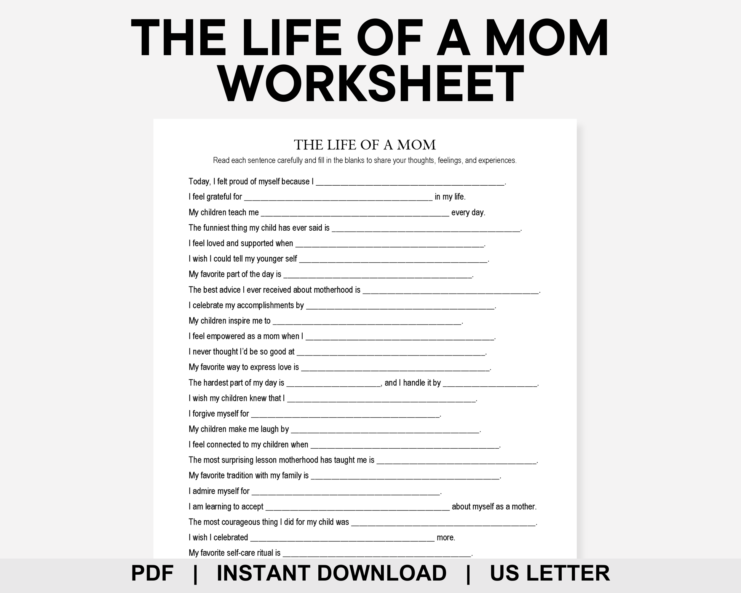 The Life of a Mom Worksheet, All About My Mom, Motherhood, Memory Journal, Gift for Mom, Mothers Day