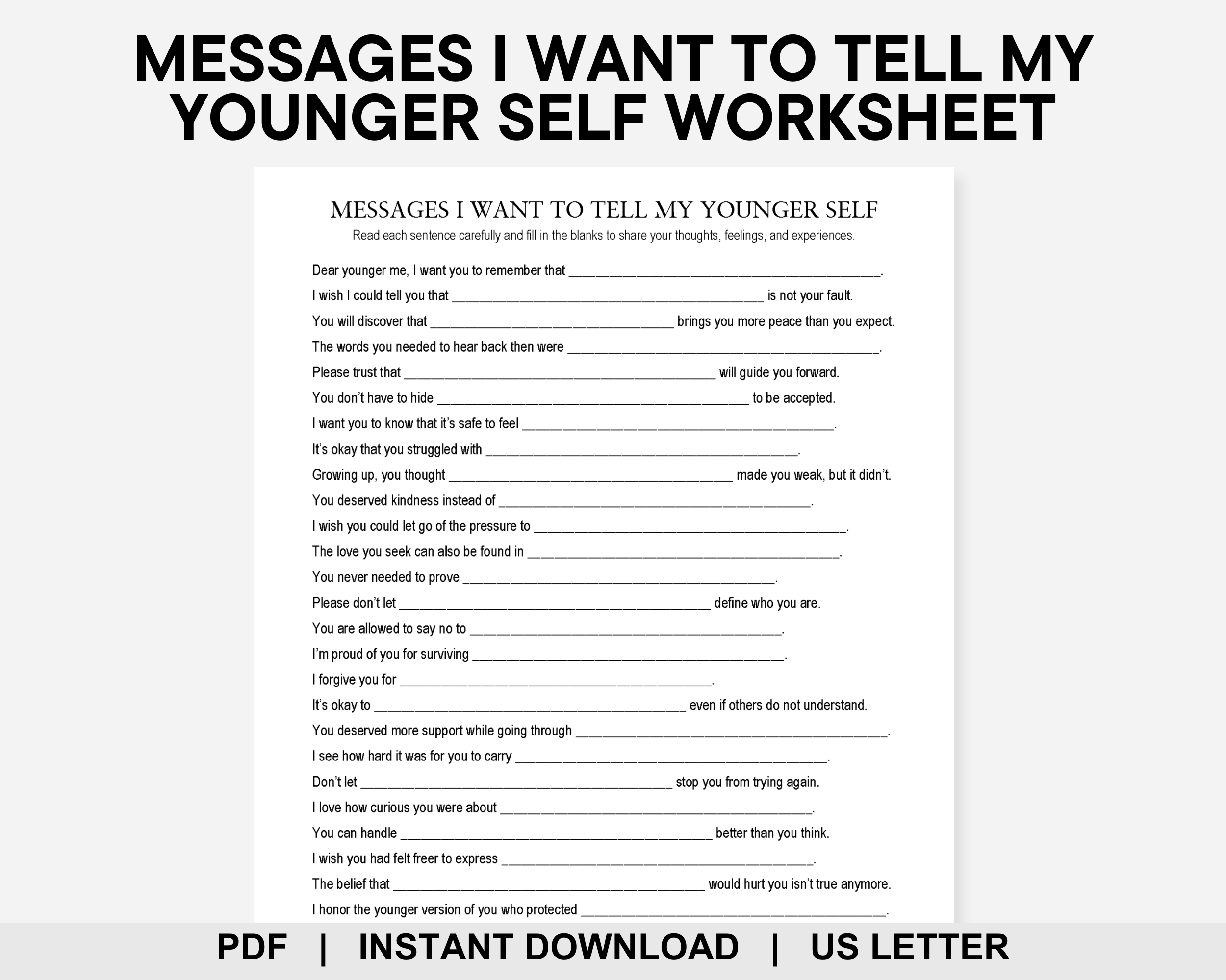 Messages I Want to Tell My Younger Self Worksheet, Inner Child Healing, Childhood Trauma
