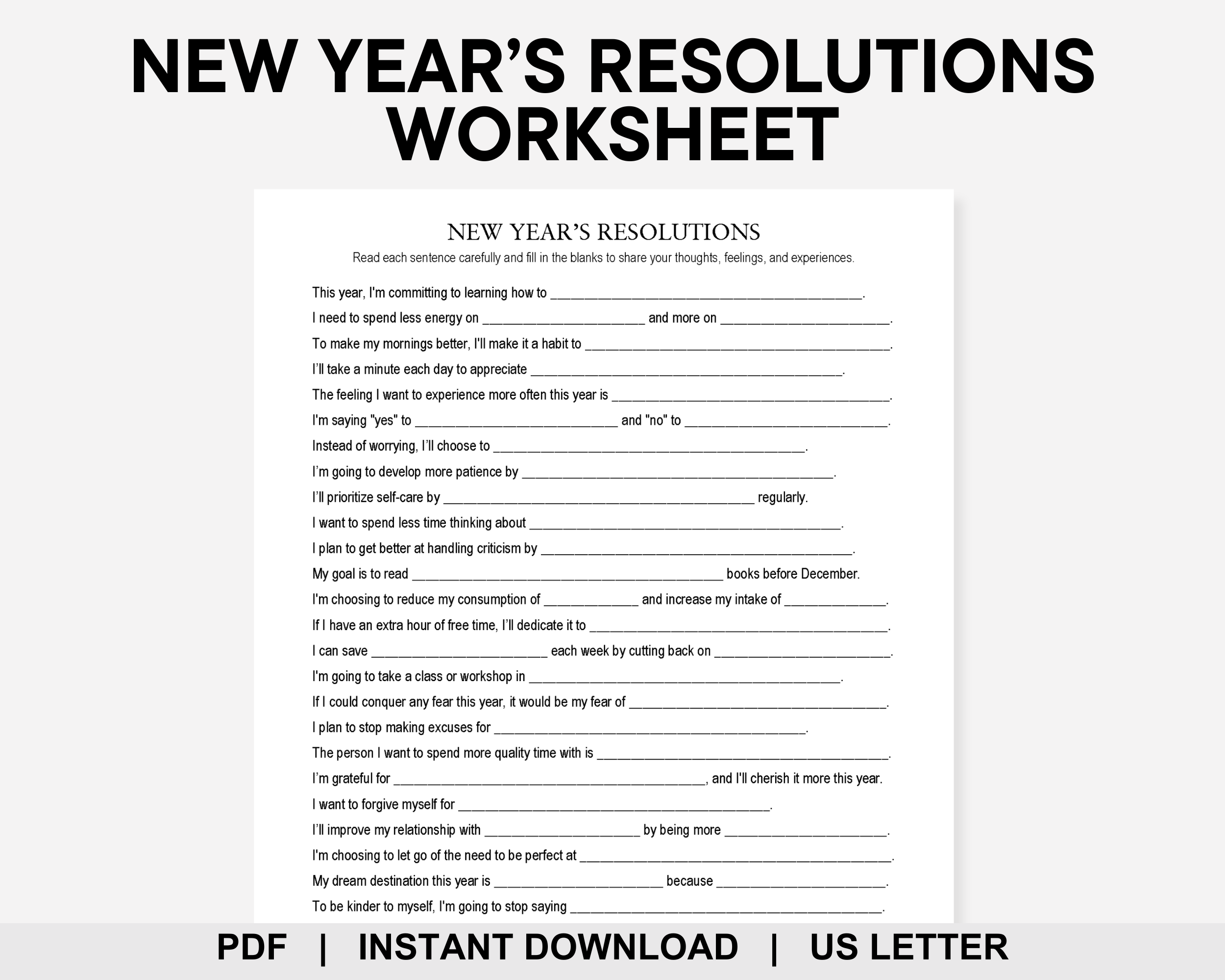 New Years Resolutions Worksheet, New Year Reflections, End of Year Reflections, New Year Goals