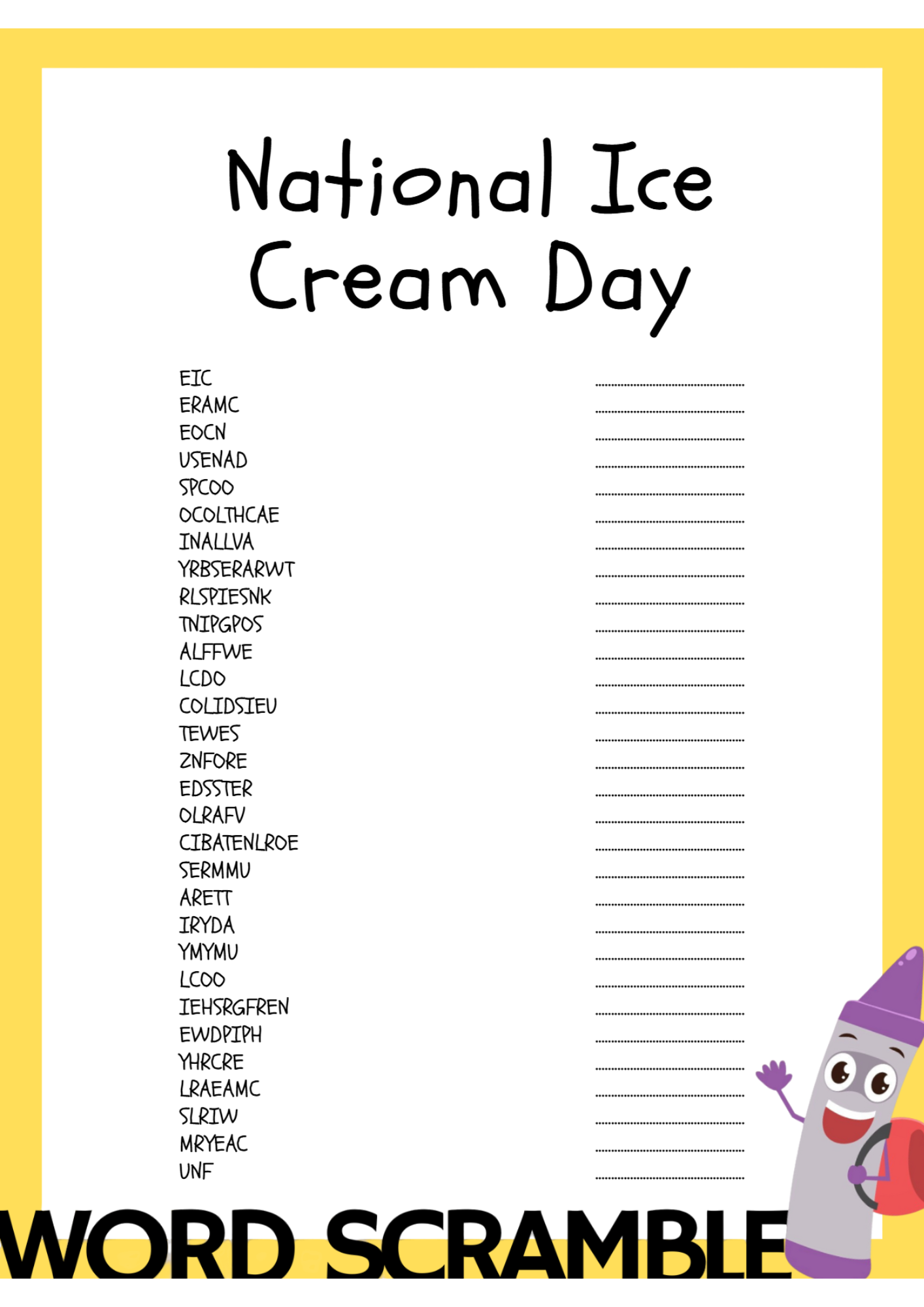 National Ice Cream Day Word Scramble Activity Worksheet