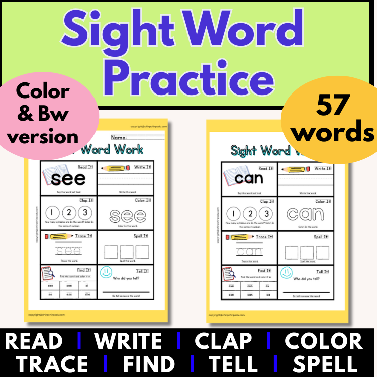 Sight word practice by READ, WRITE, CLAP, COLOR, TRACE, SPELL, FIND, TELL