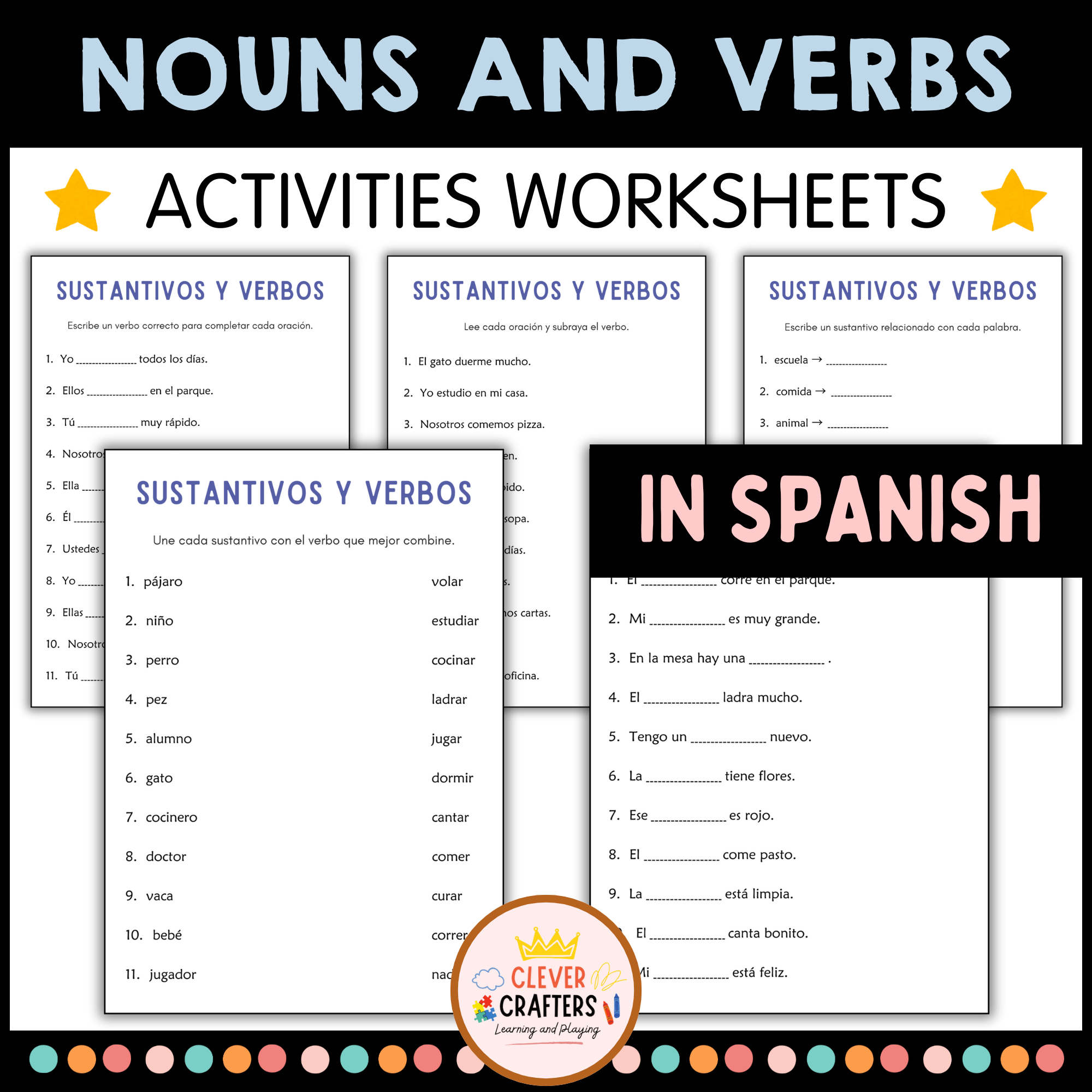 Sustantivos y Verbos - Nouns and Verbs Grammar Worksheets in Spanish