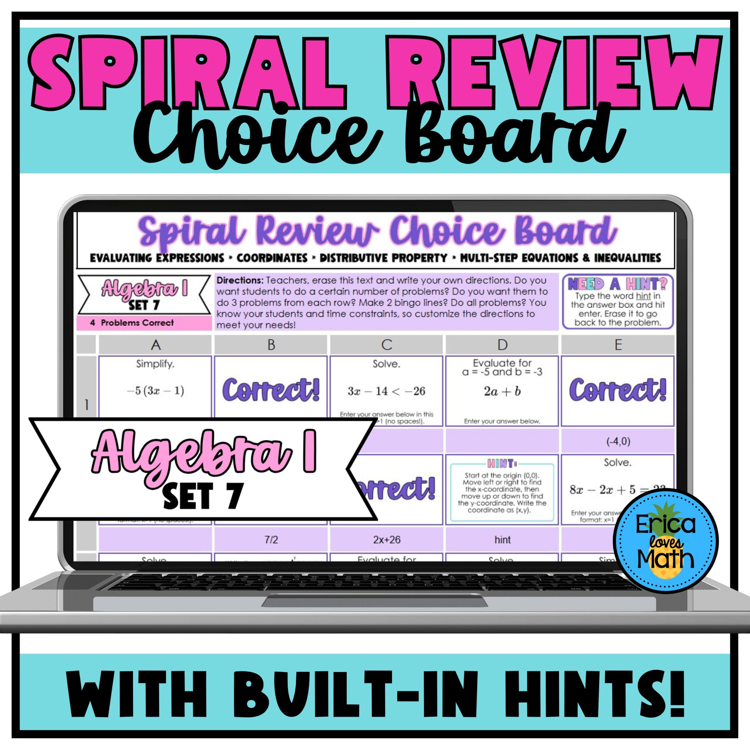 Algebra 1 Spiral Review Sub Plan | Digital Choice Board Activity (Set 7)