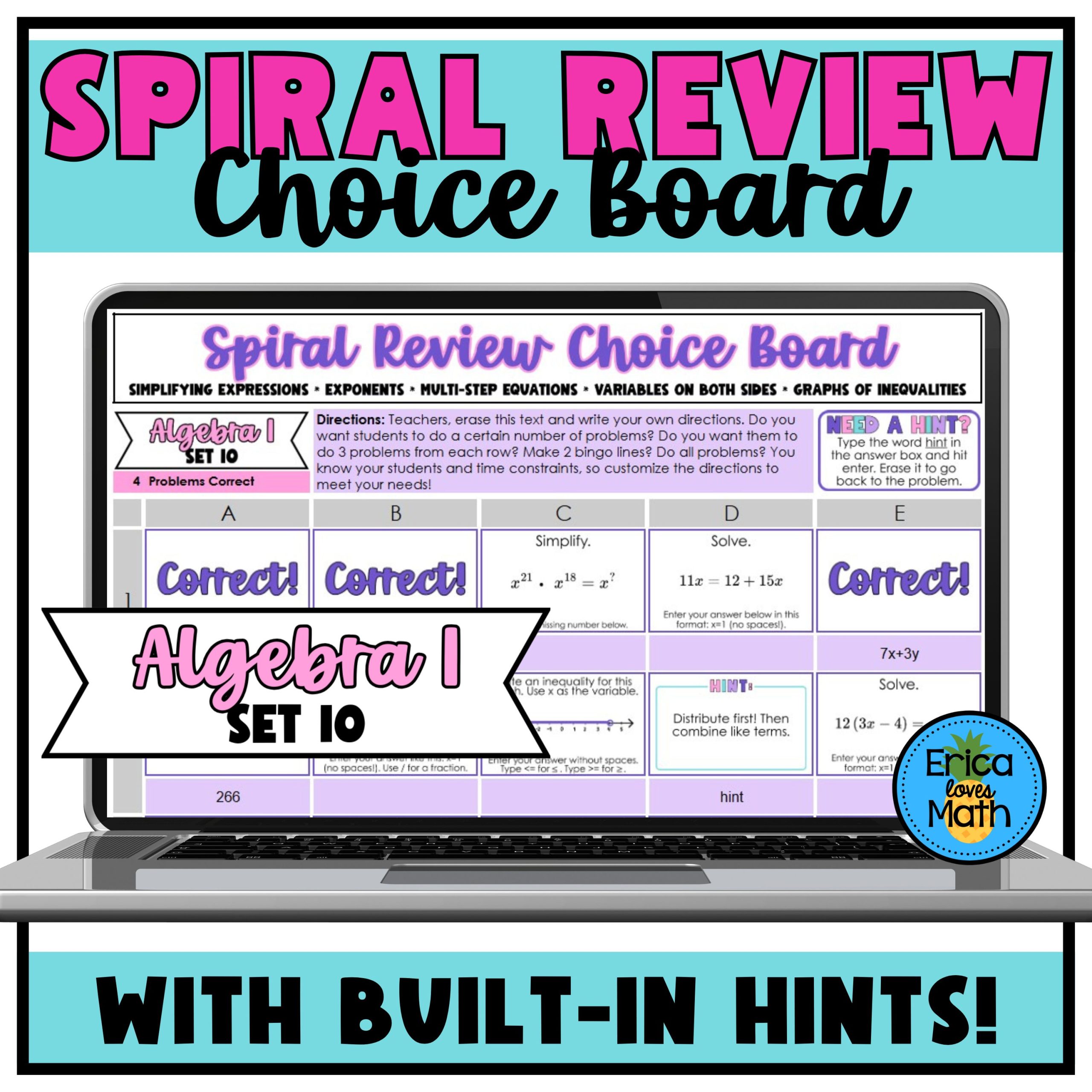 Algebra 1 Spiral Review Sub Plan | Digital Choice Board Activity (Set 10)