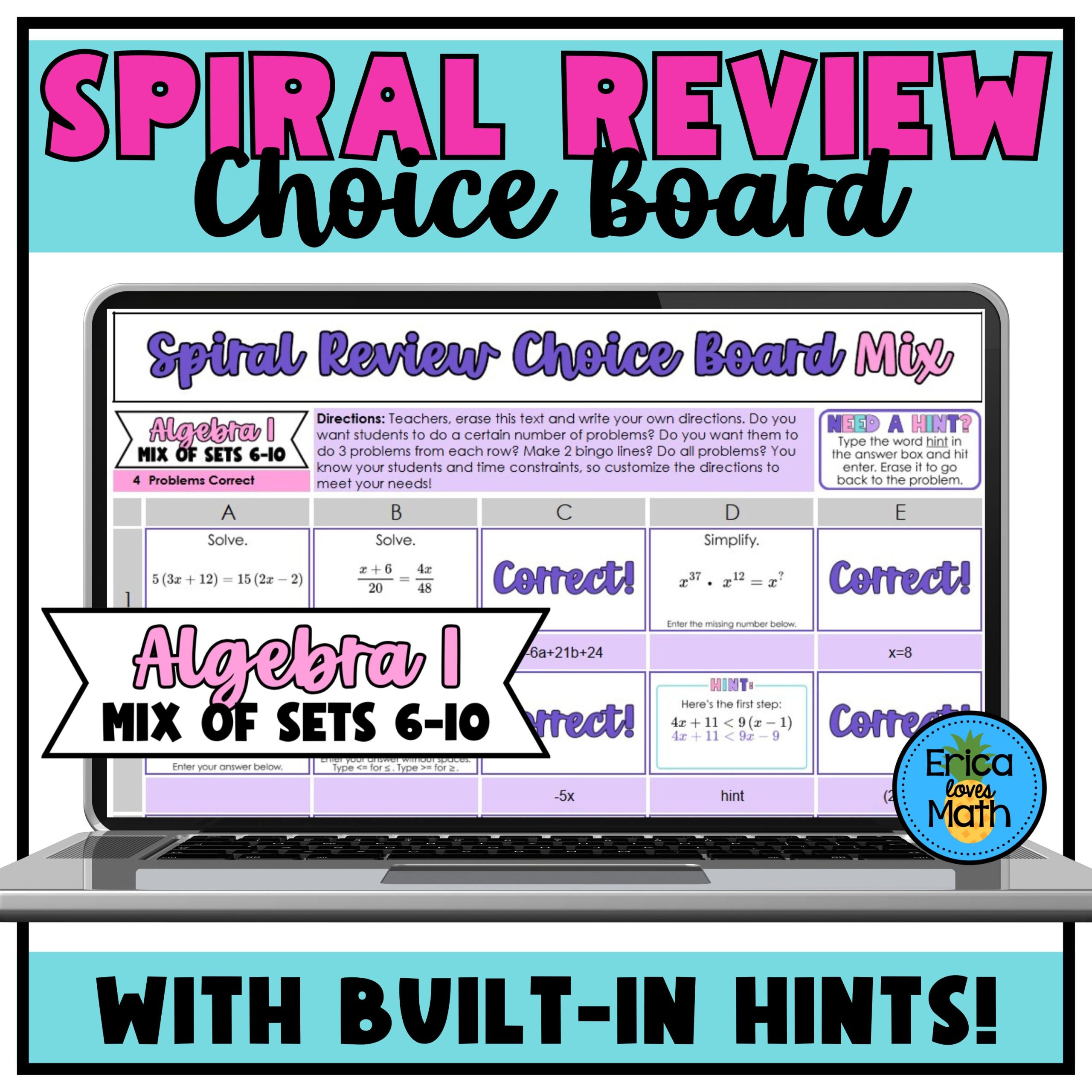 Algebra 1 Spiral Review Sub Plan | Digital Choice Board Activity (Mixed Set)