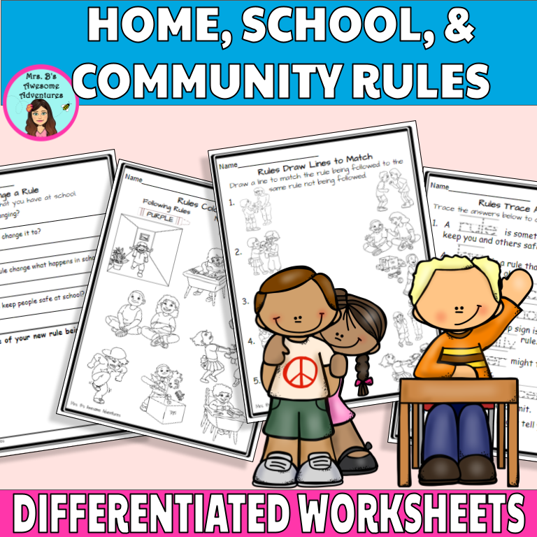 Home, School, and Community Rules Differentiated Worksheets | Kinder-2nd Grade