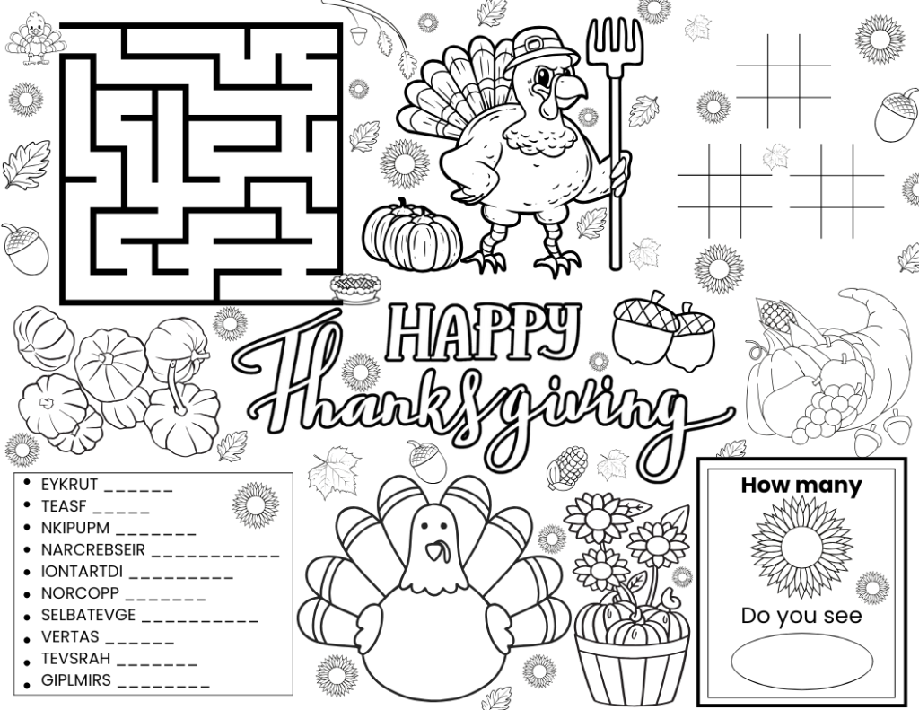 Printable Thanksgiving Activity Placemats for Kids – 5 Fun Holiday ...