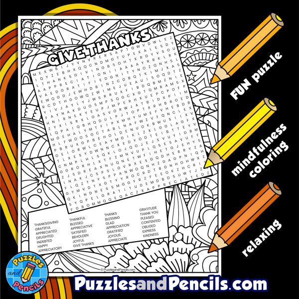 Give Thanks Word Search Puzzle Activity Page with Coloring ...