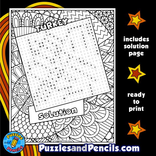 Turkey Word Search Puzzle Activity Page with Coloring | Thanksgiving ...