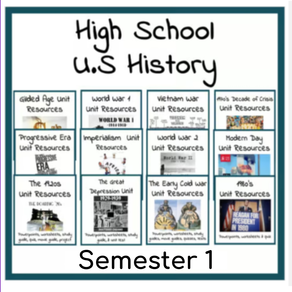 Semester 1 of High School U.S History Bundle Lessons Worksheets Quizzes Tests