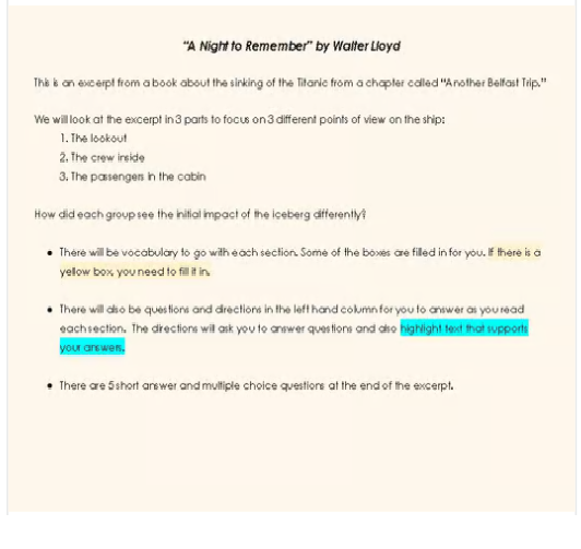 A Night To Remember Reading & Questions Google Doc
