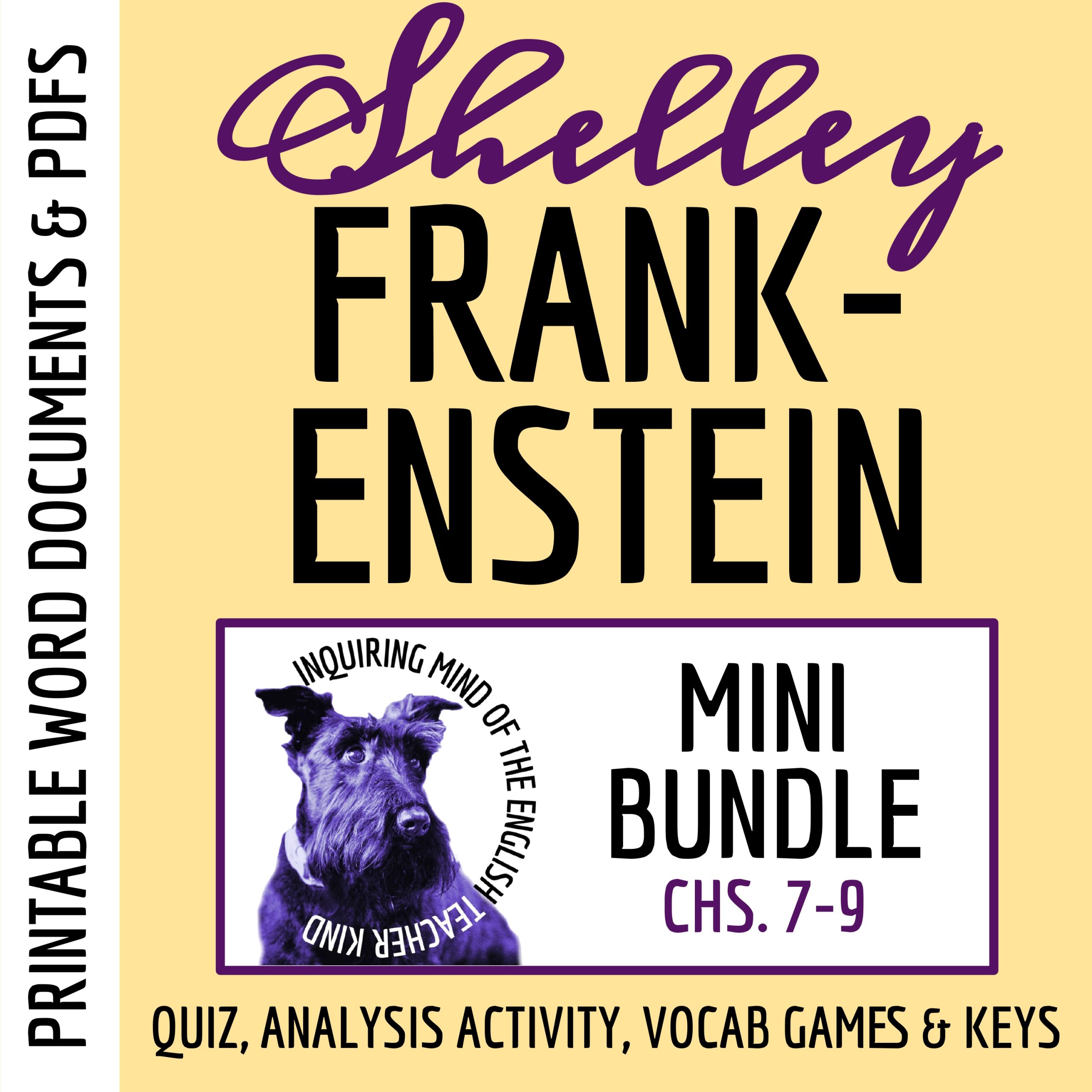 Frankenstein Chapters 7, 8, and 9 Quiz, Close Reading Worksheet, and Vocabulary Games