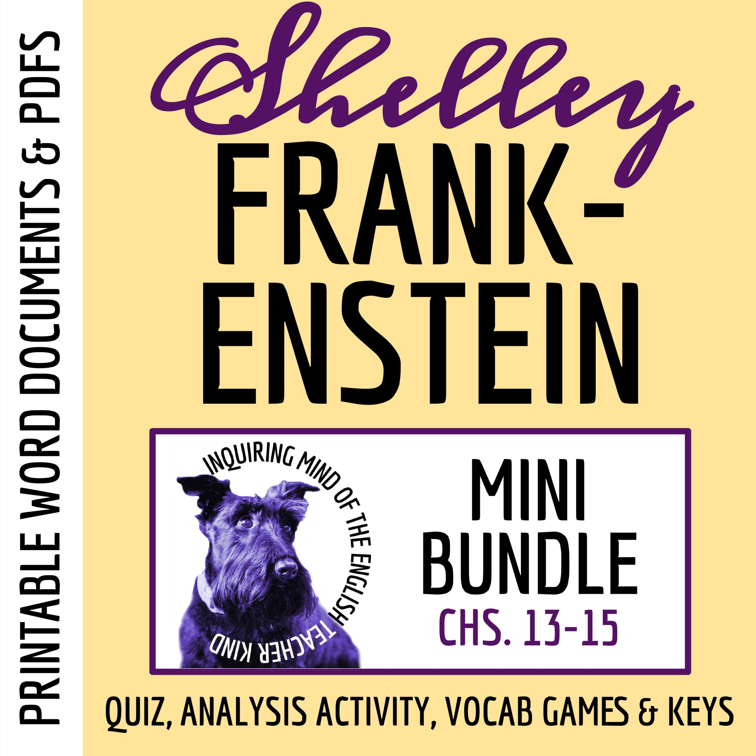 Frankenstein Chapters 13, 14, and 15 Quiz, Close Reading Worksheet, and Vocabulary Games
