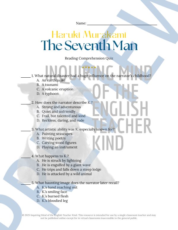 "The Seventh Man" by Haruki Murakami Quiz and Answer Key | Story of Survival | Made By Teachers