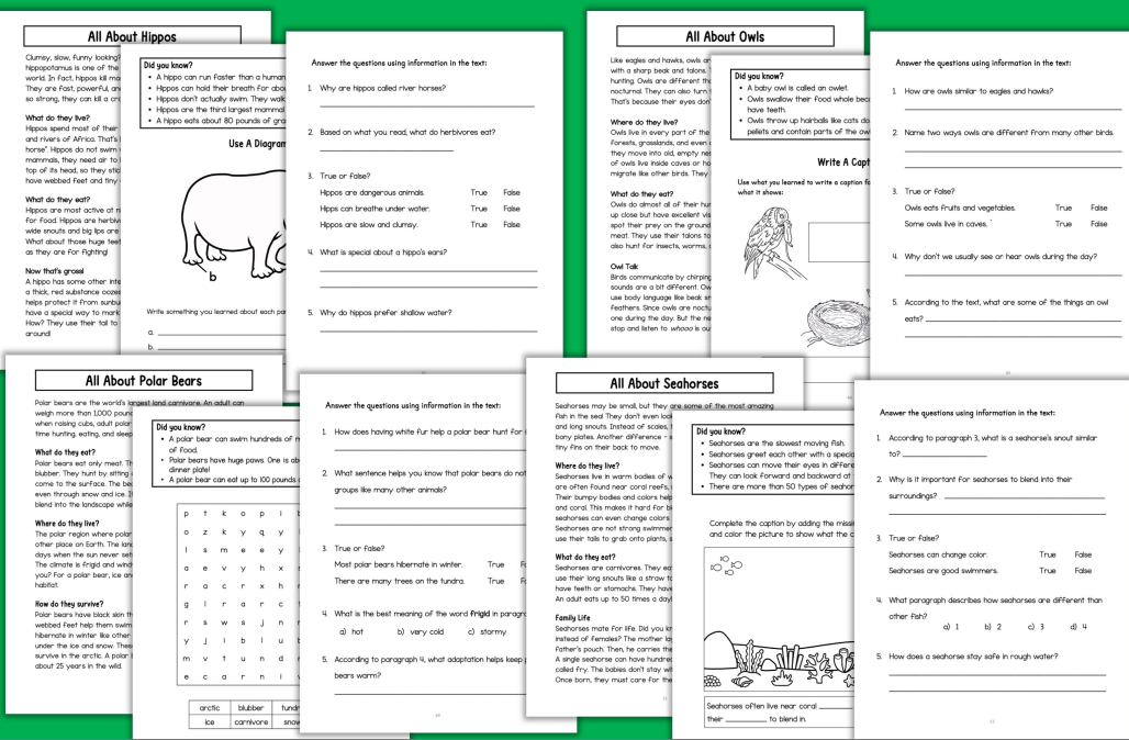 Animal Adaptations Nonfiction Reading Comprehension Passages 2nd 3rd ...