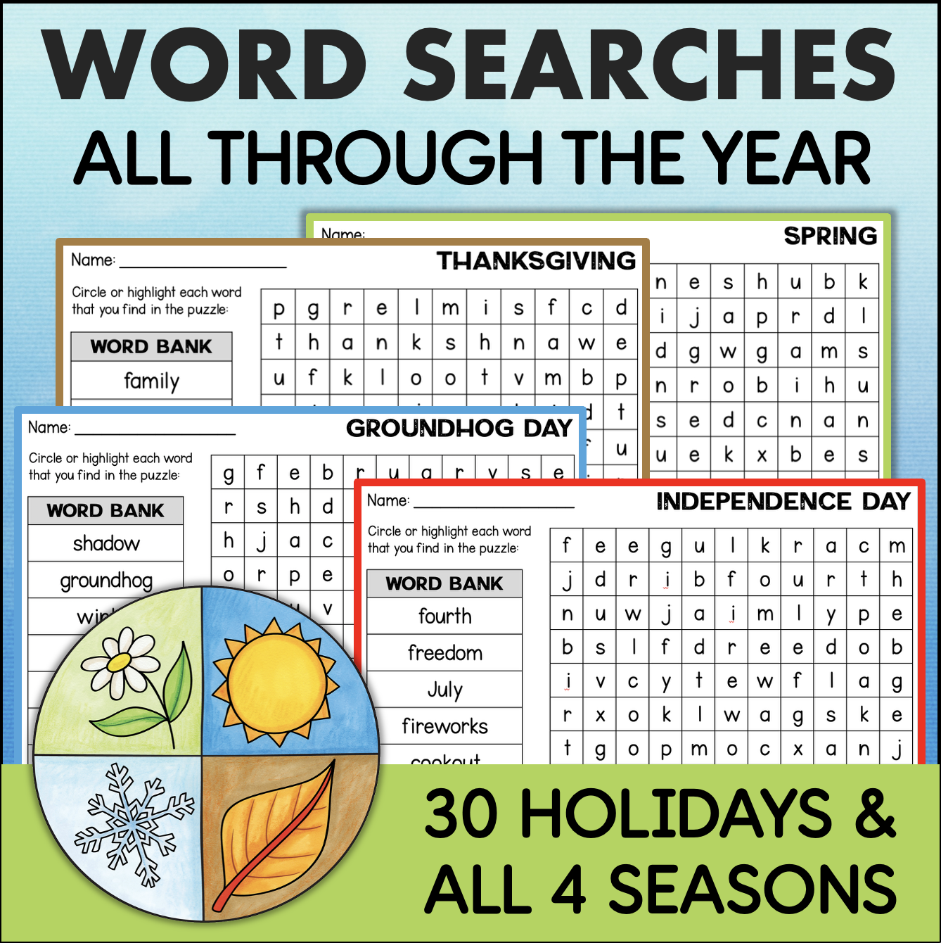 Holidays Fall Winter Spring Summer Easy WORD SEARCH PUZZLES