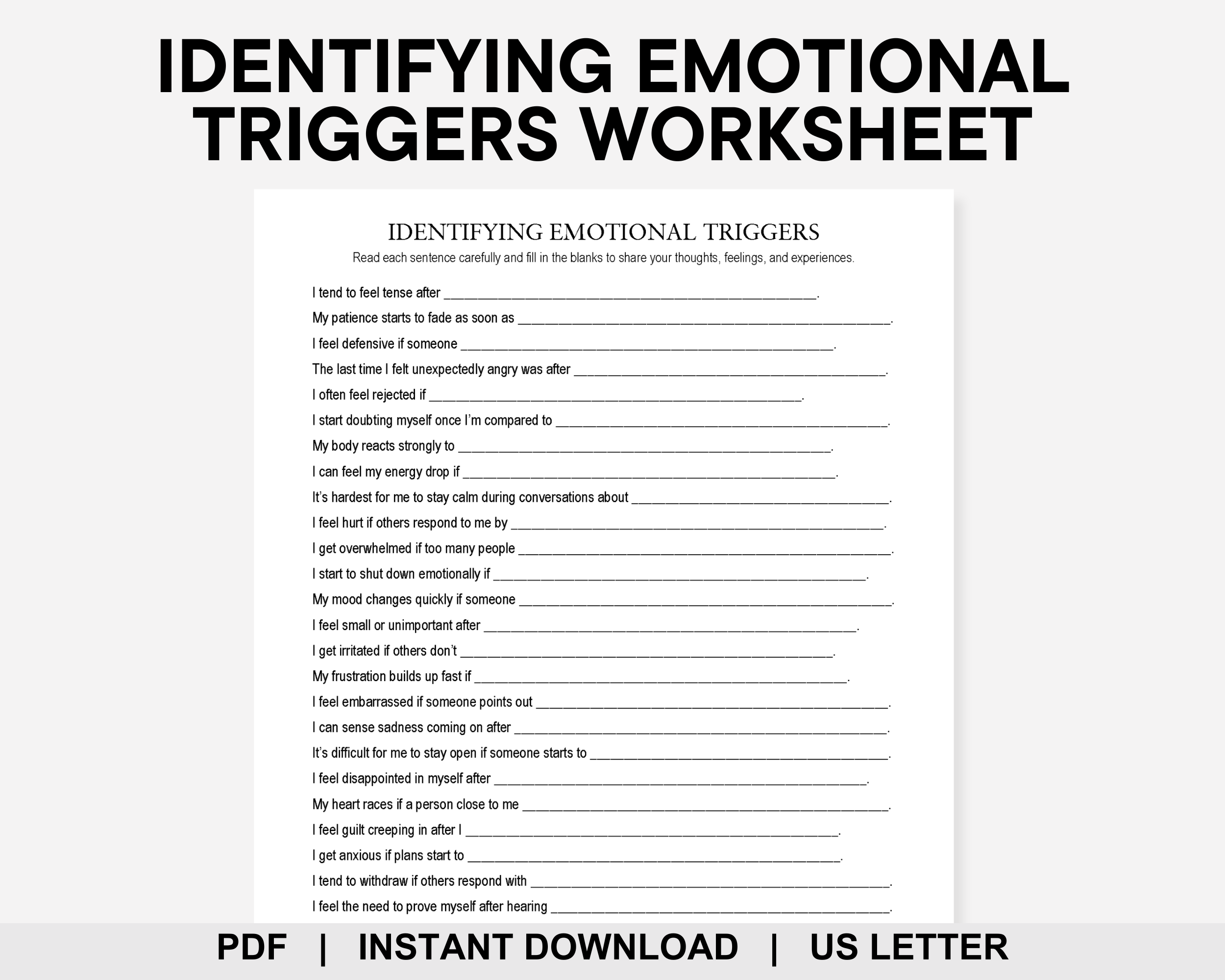 Identifying Emotional Triggers Worksheet, Emotional Processing, Emotional Regulation, Coping Skills