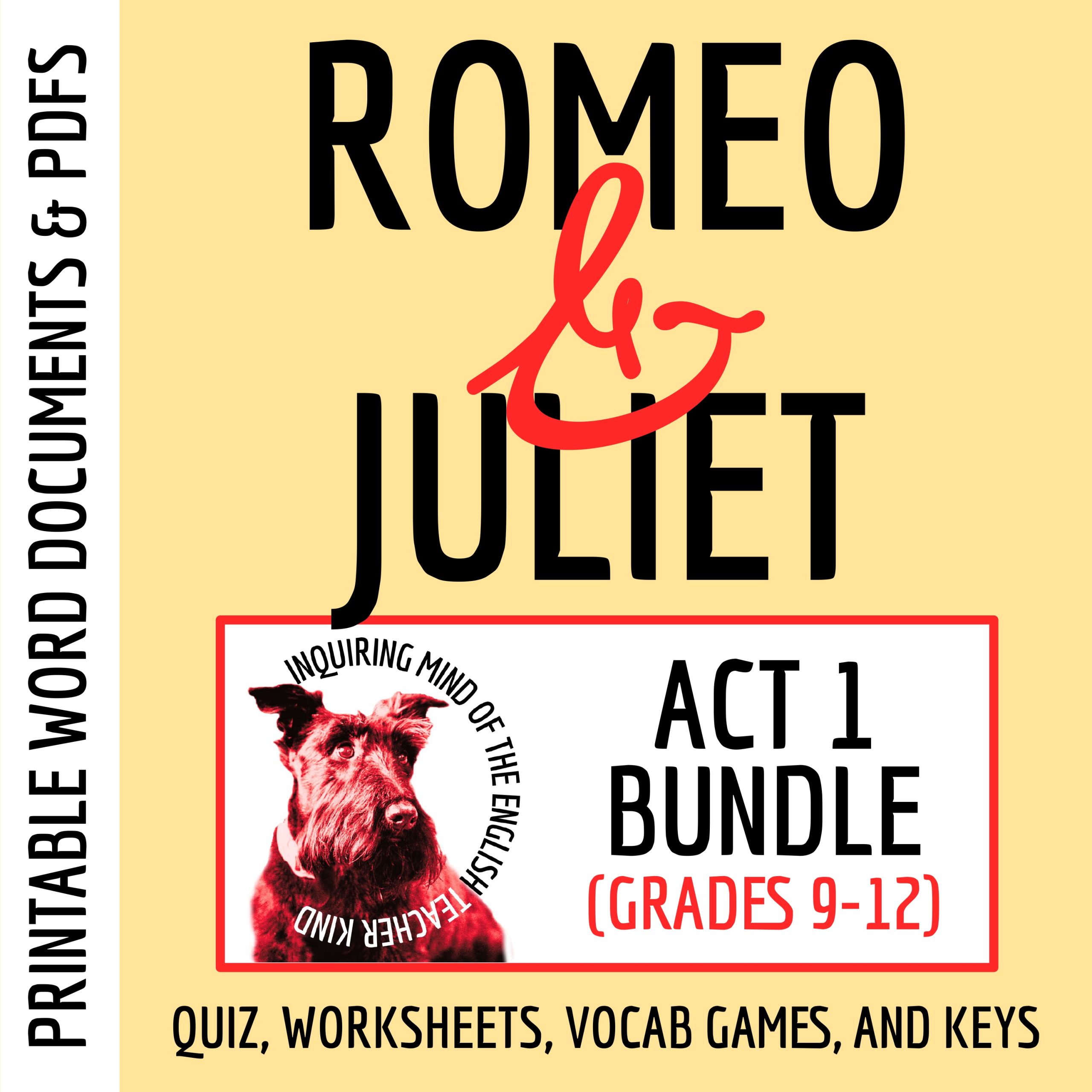 Romeo and Juliet Act 1 Quiz, Close Reading Worksheets, and Vocabulary Games