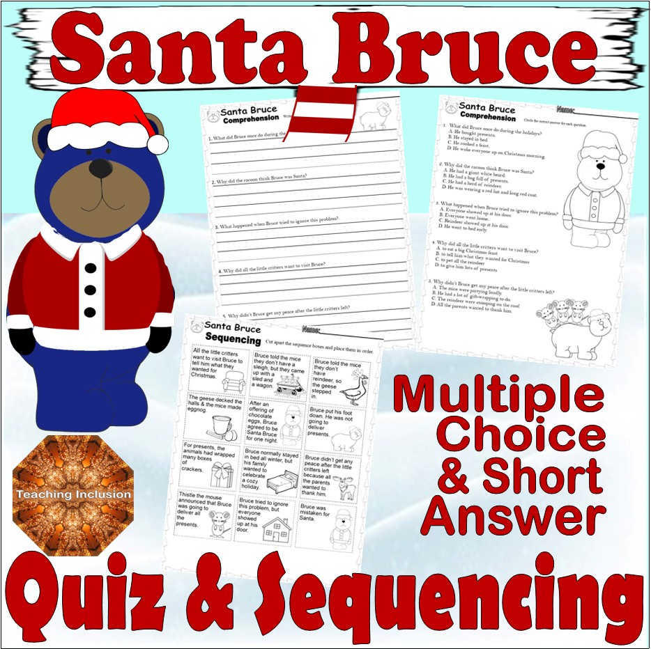 Santa Bruce Christmas Reading Comprehension Quiz Test & Story Sequencing Worksheets