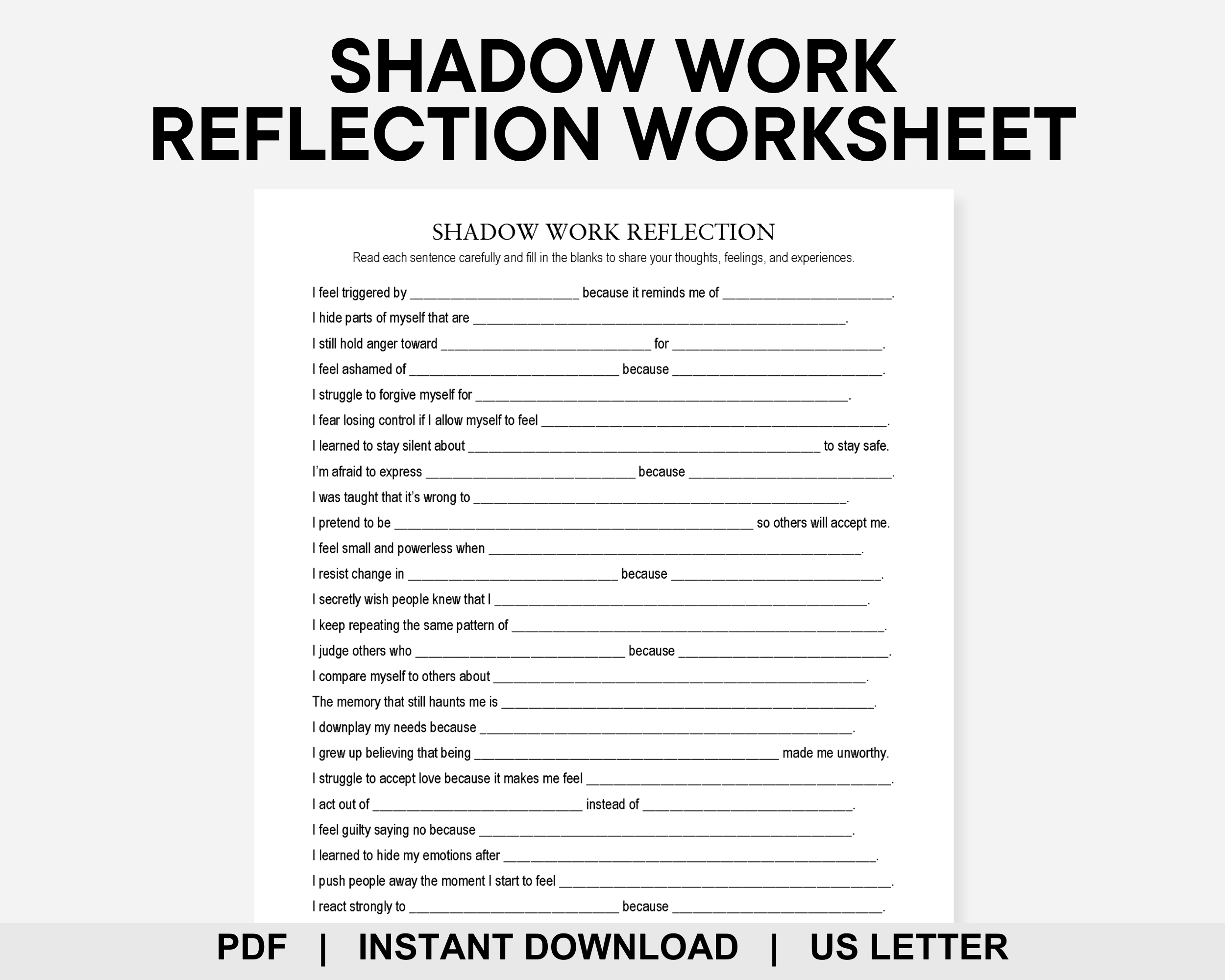 Shadow Work Reflection Worksheet, Inner Child, Trauma Healing, Self Discovery, Childhood Memories