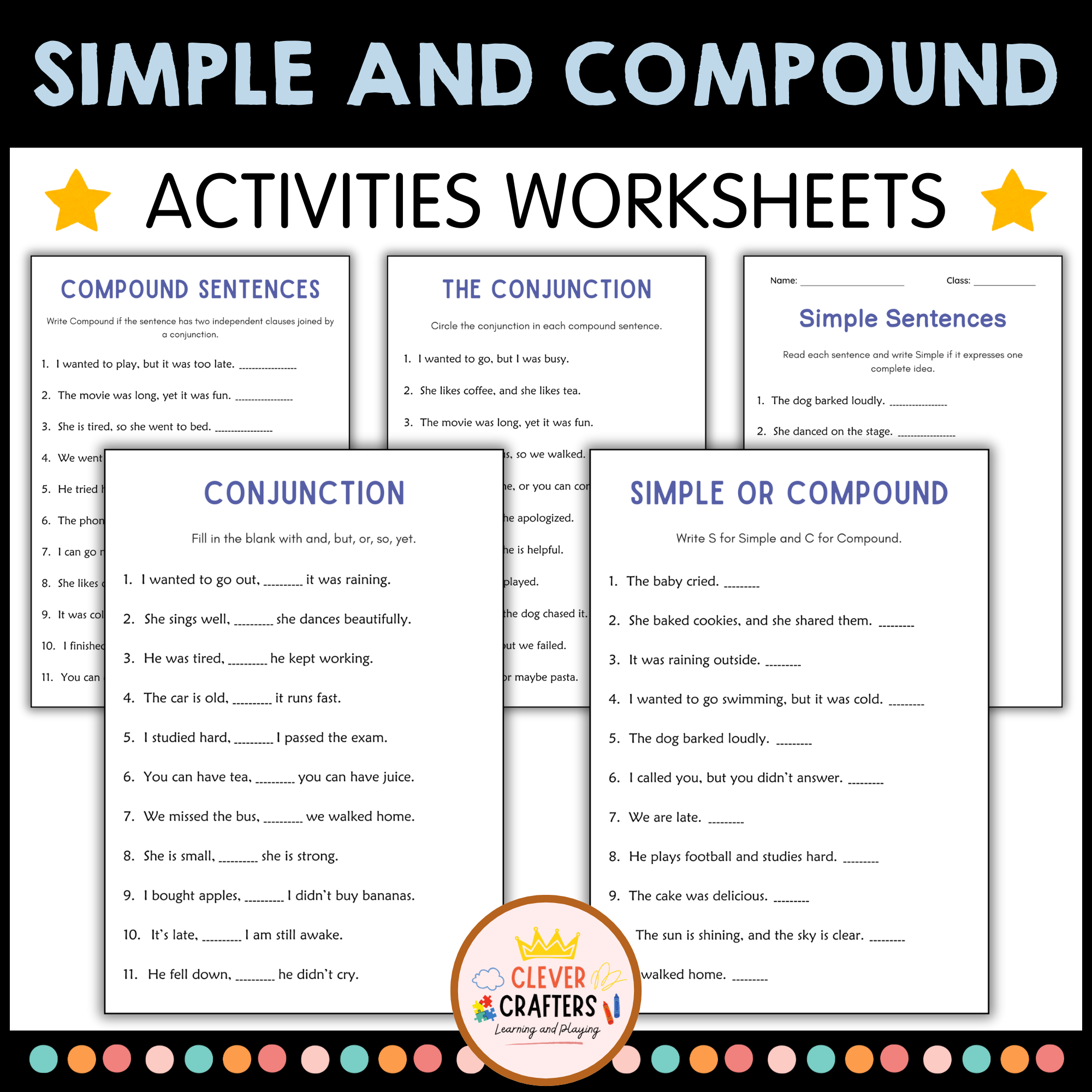 Simple and Compound Sentences Grammar Worksheets - Coordinating Conjunctions