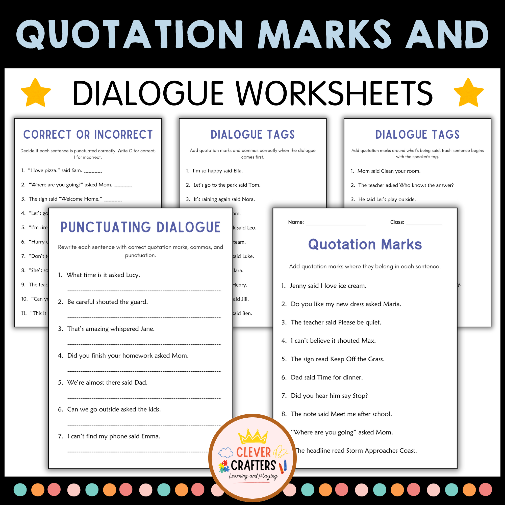 Printable Quotation Marks and Dialogue Grammar Practice Worksheets for Grade 1, 2, 3