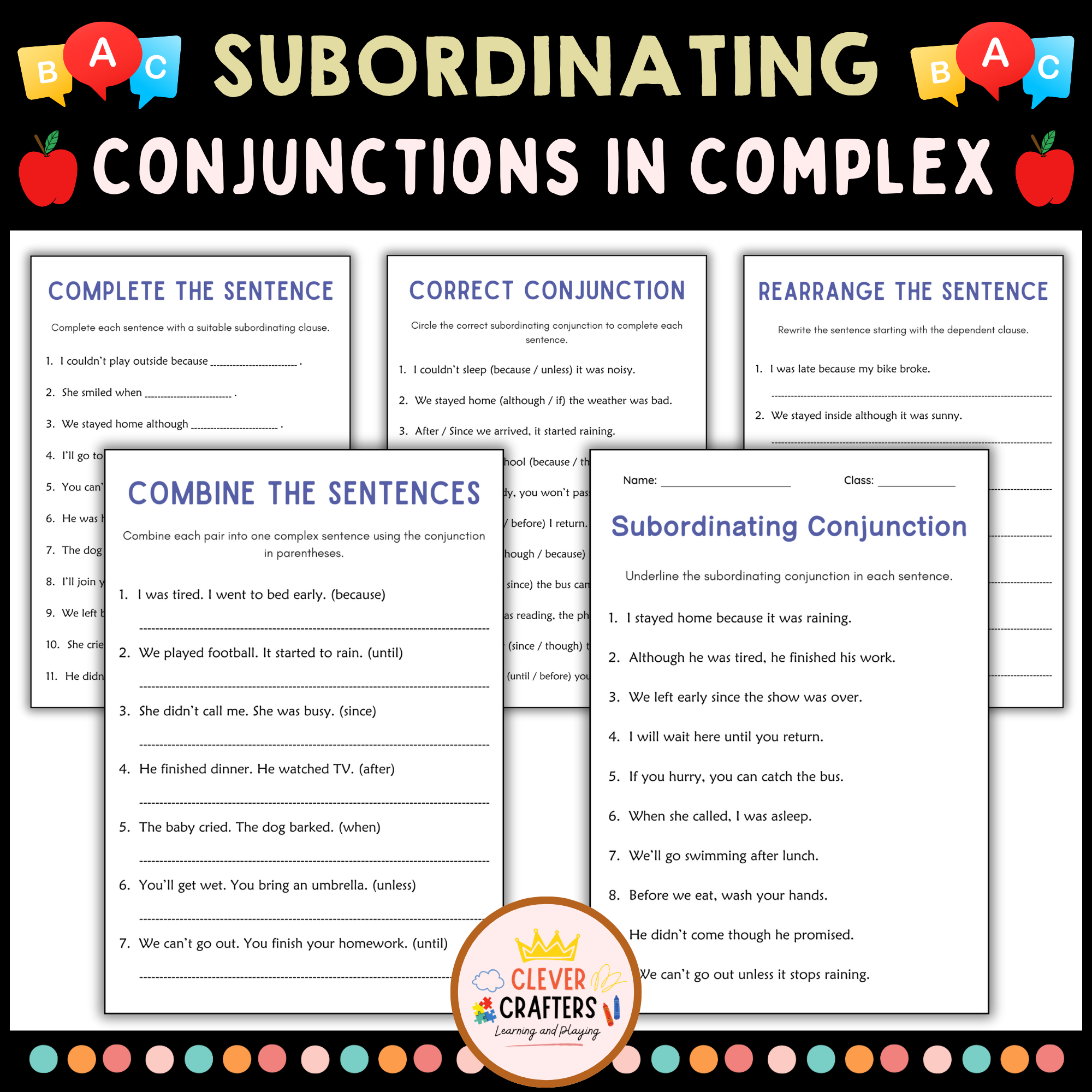 Subordinating Conjunctions in Complex Sentences Grammar Worksheets for Grade 3