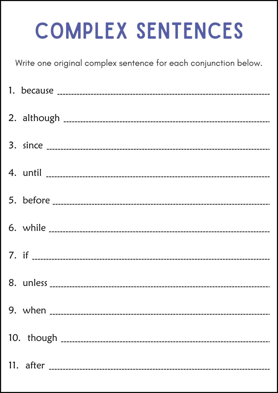 Subordinating Conjunctions in Complex Sentences Grammar Worksheets for ...