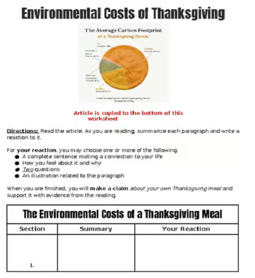 Environmental Costs of Thanksgiving Reading & Questions Worksheet