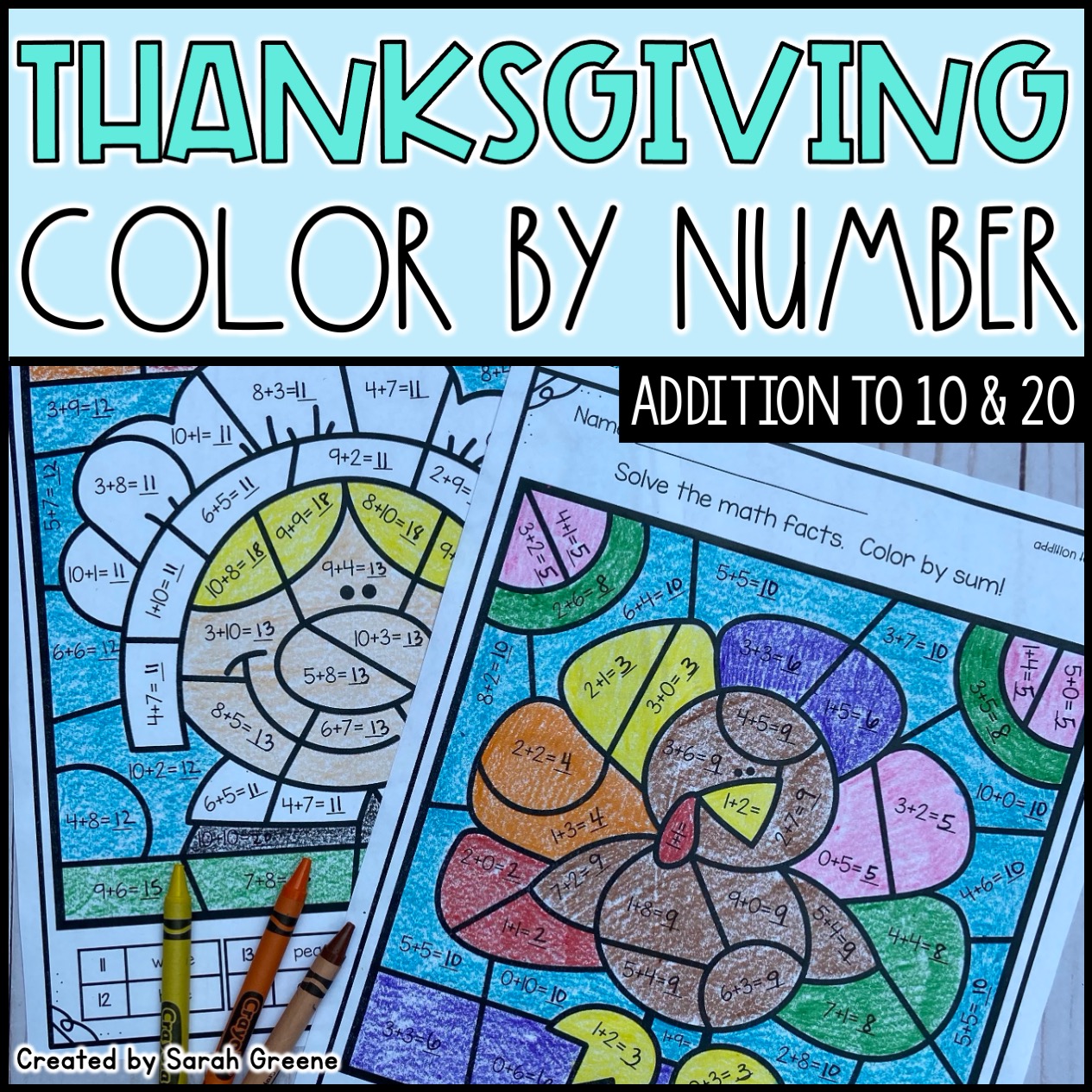 Thanksgiving Color by Number for Addition to 10 and 20