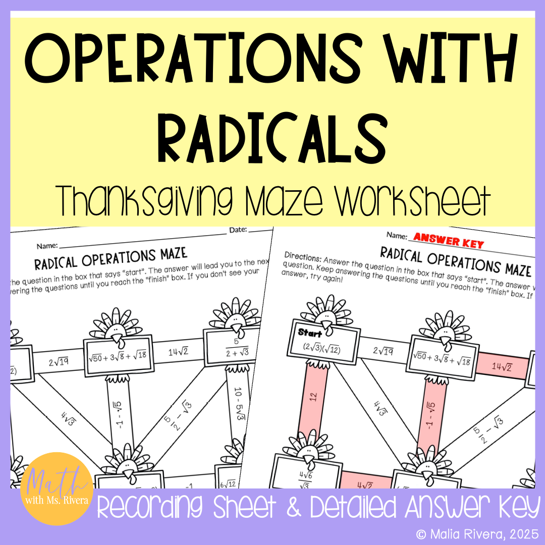 Thanksgiving Operations with Radicals Maze Worksheet for Algebra 2